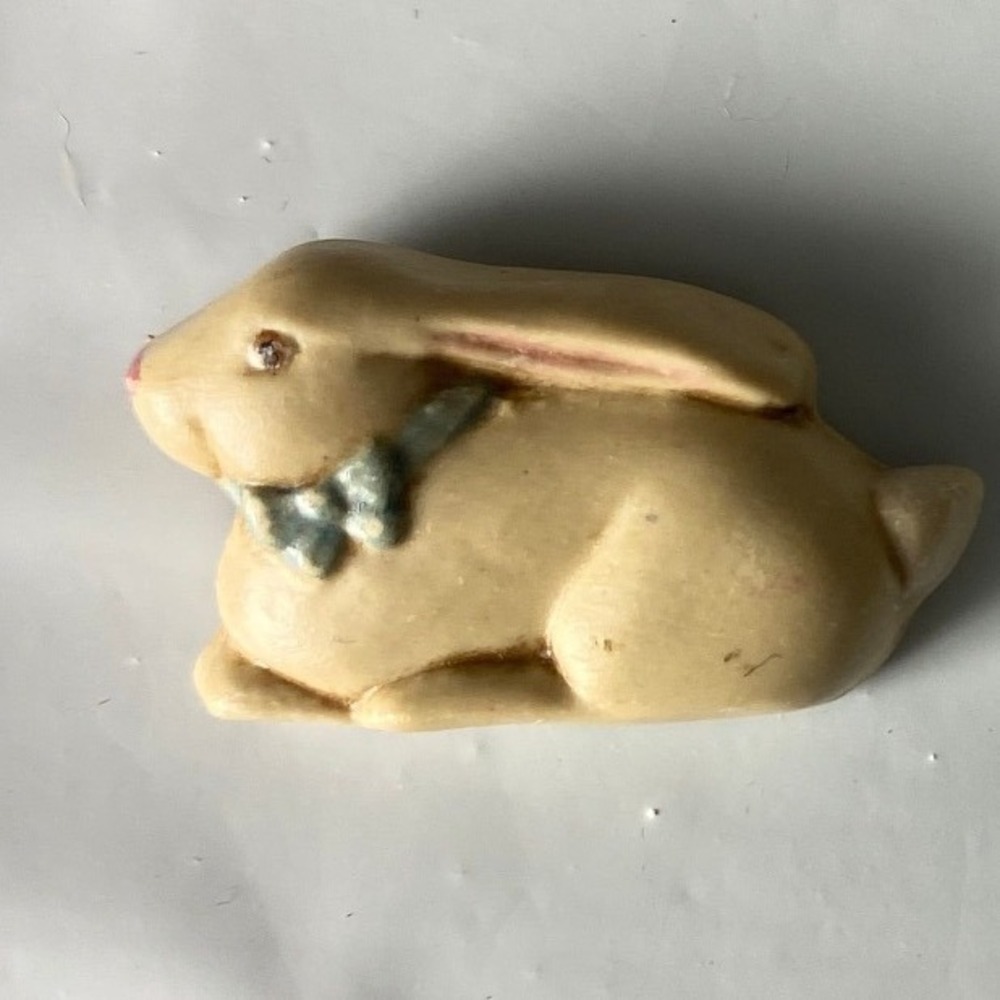 Vintage Miniature Rabbit Figurine Tan Bunny with Blue Bow Tie Easter Decor 1.25"